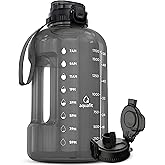 AQUAFIT Half Gallon Water Bottle with Time Marker - Straw & Chug Lid - BPA Free Gym Water Bottle with Straw - Big Gallon Jug (Gray, 64 oz - 2in1 Lid)