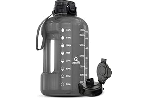 AQUAFIT 64 oz Water Bottle with Time Marker, BPA Free Half Gallon Water Bottle with Straw & Handle (Gray, 64oz 2in1 Lid)