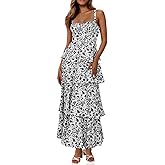 Fisoew Womens Floral Maxi Dresses Spaghetti Strap Casual Sleeveless Ruffle Flowy Tiered Dress