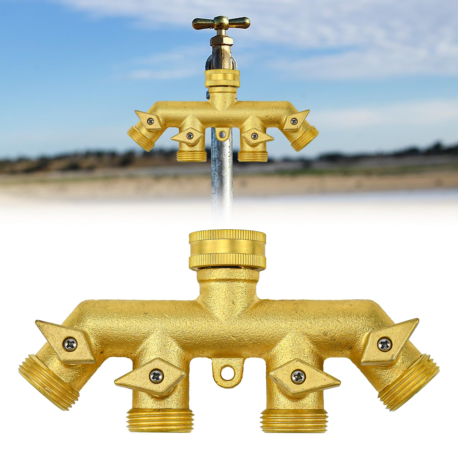 CODIRATO 4 Way Heavy Duty Brass Tap Connector with 4 Valves & 3/4" Quick Connect Kit, Solid Brass Garden Hose Splitter Manifold for Outdoor Tap Irrigation, Car Washing, Greenhouses
