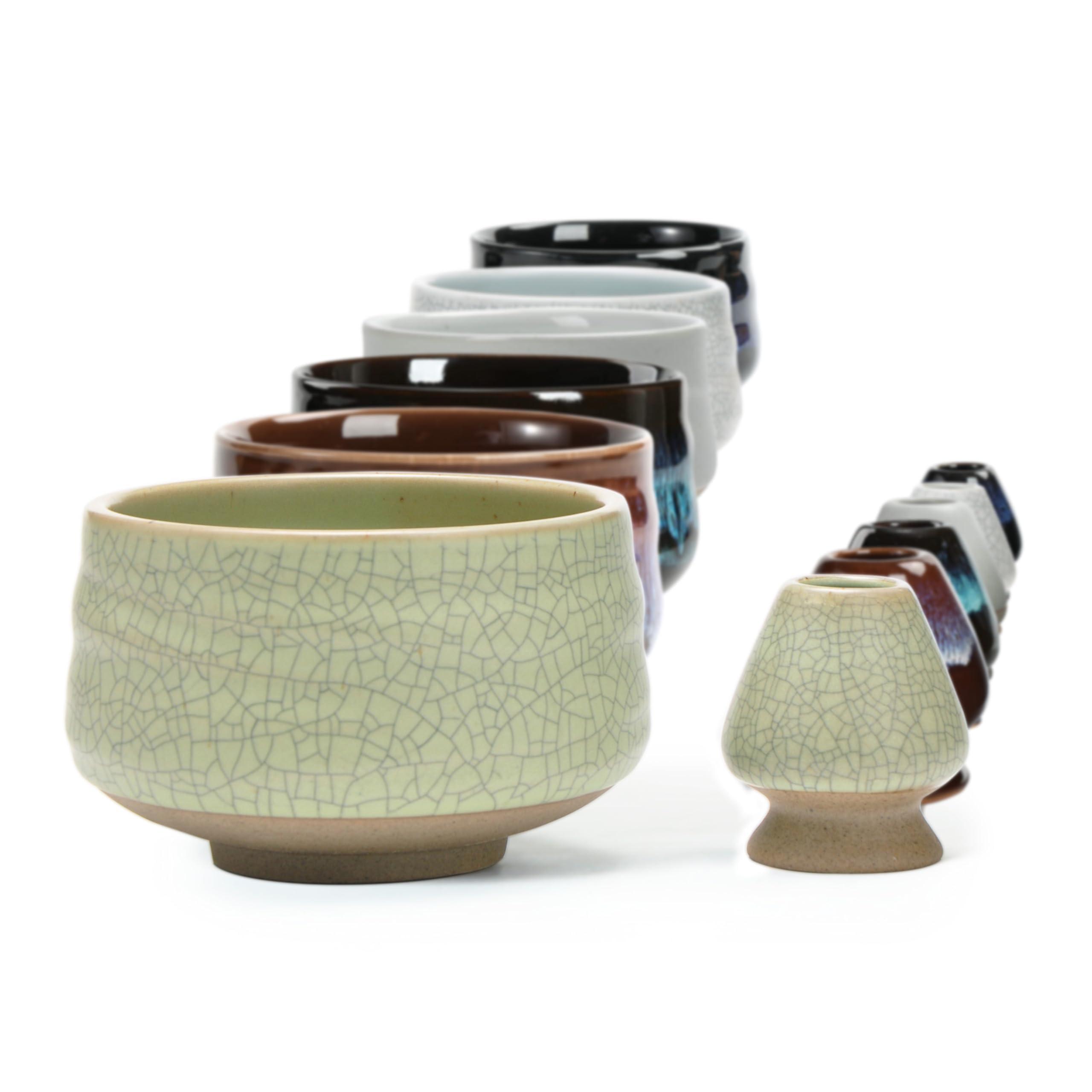 TEANAGOO Chawan Matcha Tea Bowl and Matcha Whisk Rest, Chasen Holder MB-6, 18OZ / 510 ML, Matte Light Green with Black Seam, 2 pcs/Boxes.Handle Mixing Wisk Stand, Match Sifter Whisker Handmade Brush