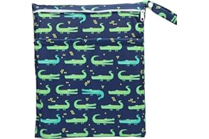 Sigzagor Wet Bag Baby Cloth Diaper Nappy Insert Bag Washable Two Zippered Pockets Boys (Green Crocodiles)