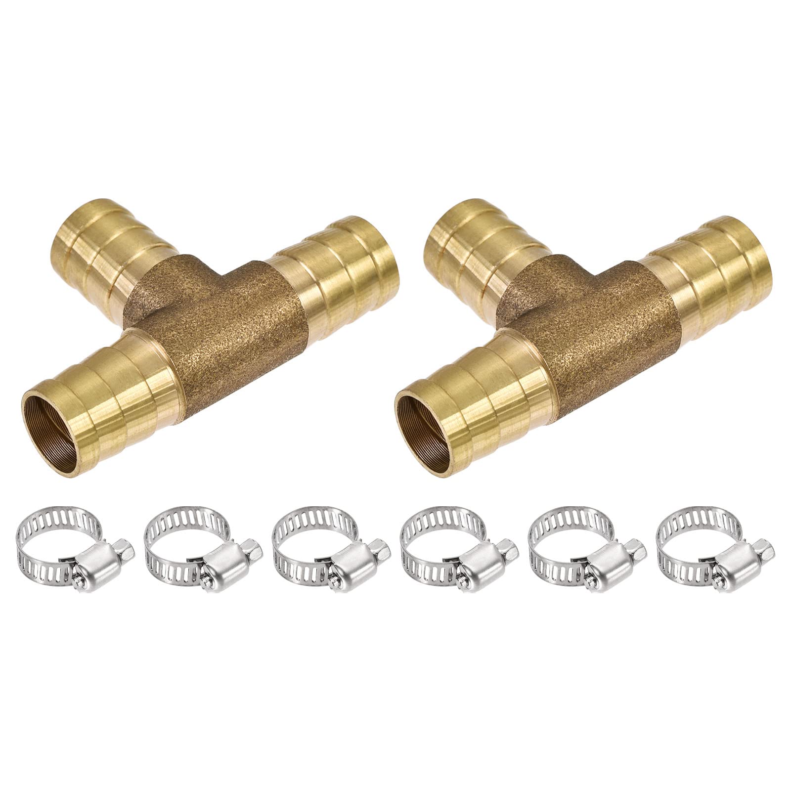 M METERXITY 2 Pack Barb Hose Fittings - 12mm OD Brass Hose Fitting Pipe Connector with Hose Clamps Apply to Water Fuel (T Shaped 3 Way)