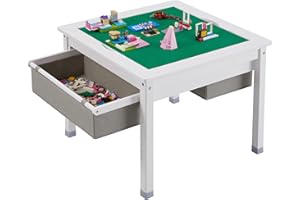 Onirw 3 in 1 Kids Table with Storage Drawers, Wooden Toddler Construction Play Table with Detachable Blocks and Blackboard Tabletop, Compatible with Lego and Duplo Bricks (White - Without Chair)