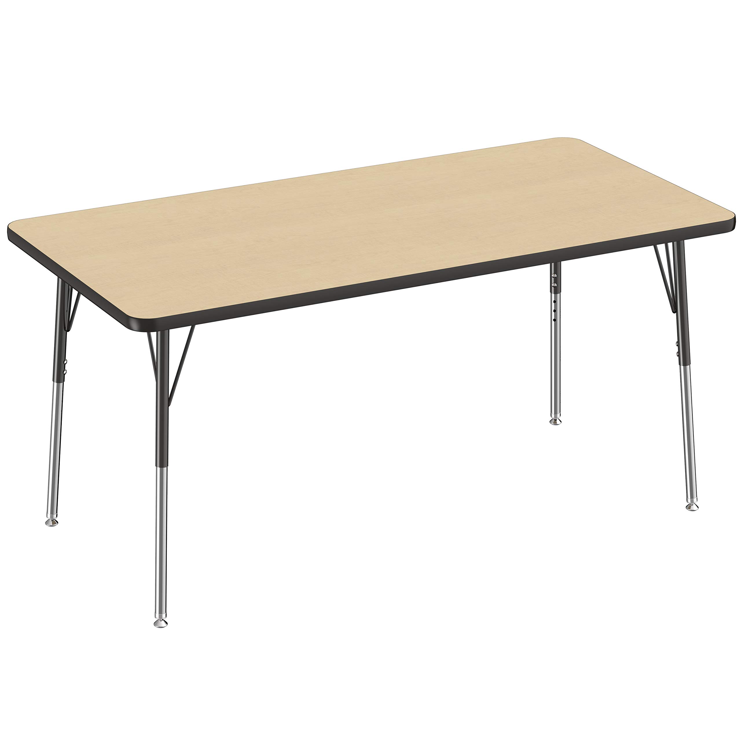 FDP Rectangle Activity School and Office Table (30 x 60 inch), Standard Legs with Swivel Glides, Adjustable Height 19-30 inches - Maple Top and Black Edge, 10023-MPBK