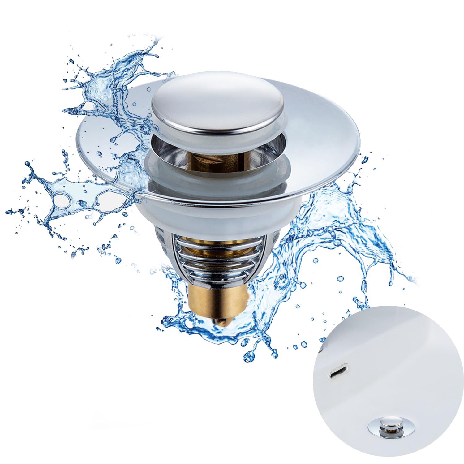 Tomtary Sink Plug Stainless Steel Pop up Kitchen Sink Plug Replacement Bounce Core Copper Spillless Washable Sink Strainer Drainer Plug Prevent Clogging for Home Bathroom Sinks Hand Wash