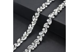 PEARLY JUN 1 Yard Rhinestone Trim Chain Silver String Strips Crystal Applique Fringe Ribbon Beads Sewing for Dress DIY Party Wedding Bouquet Decoration Bridal Costume Embellishment