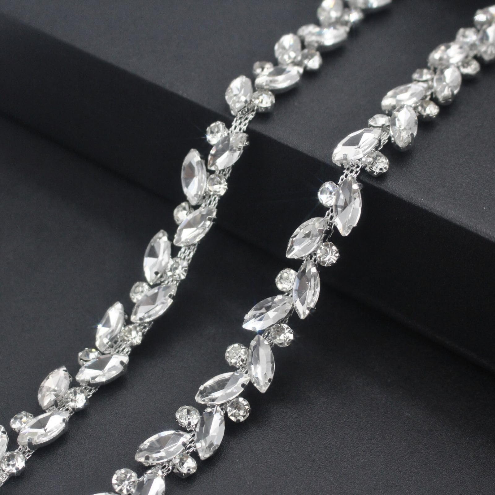 Photo 1 of 1 Yard Rhinestone Trim Chain Silver String Strips Crystal Applique Fringe Ribbon Beads Sewing for Dress DIY Party Wedding Bouquet Decoration Bridal Costume Embellishment
