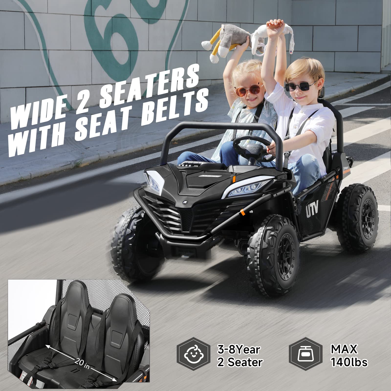 ELEMARA 2 Seater Ride On Car for Kids Gift,12V 10AH Electric Off-Road Truck,4MPH Large Car,Side by Side Vehicle Max 140lbs with Remote Control,LED Light,Bluetooth,3 Speeds,2 Spring Suspension,Black