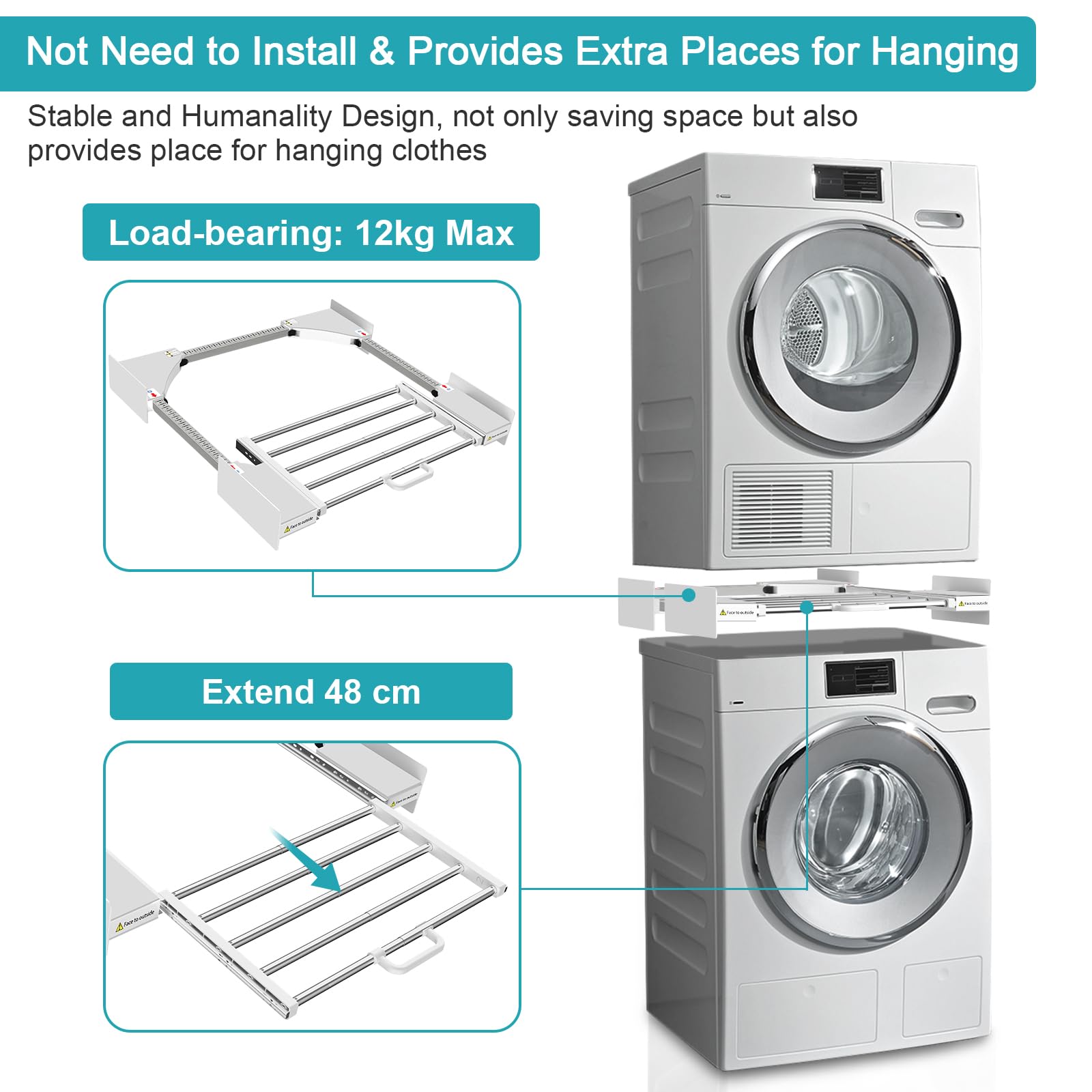 NIUXX Zwischenbaurahmen mit Wäscheleine, verbindung waschmaschine trockner, Verbindungsrahmen Zwischenbausatz mit ausziehbarer Handtuchhalter, Einstellbare Größe（53-68cm）weiß 3