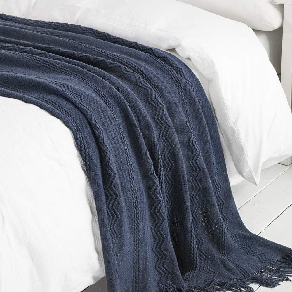 Bourina Textured Solid Soft Sofa Throw Couch Cover Knitted Decorative Blanket, Navy, 60" x 80": Home & Kitchen