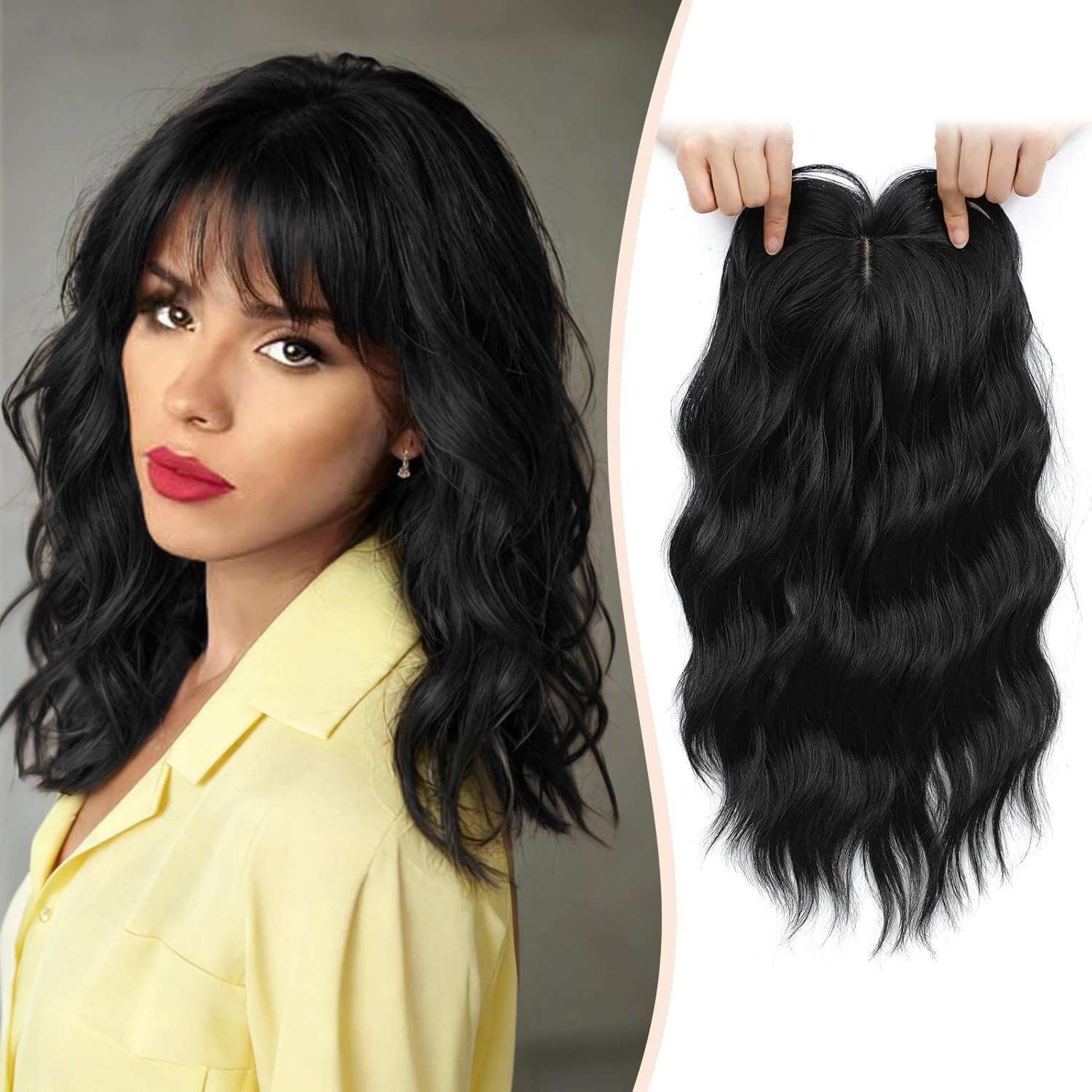 Flyroseing Hair Topper with Fringe, 6.5x6.5" Large Base Toppers for Thinning Hair Women, 14 Inch Soft Black Wavy Synthetic Wiglets Hairpieces for Women