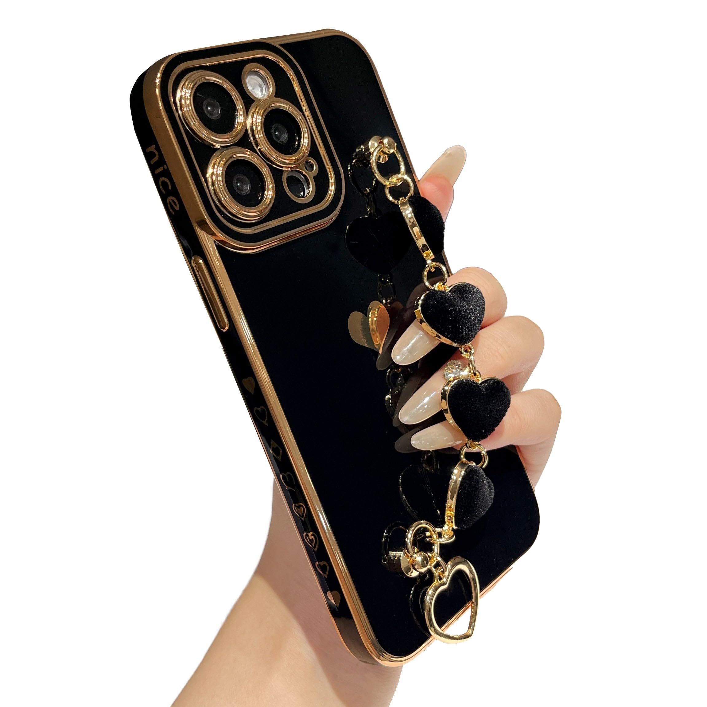 Photo 1 of Caseative for iPhone 14 Pro Max Case,Cute Plating Love Heart Wrist Strap Chain Bracelet Phone Case (Black)