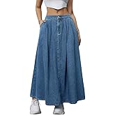 ebossy Women's Casual Pleated Back-Elastic Waist A-line Flowy Draped Maxi Denim Skirts with Pockets