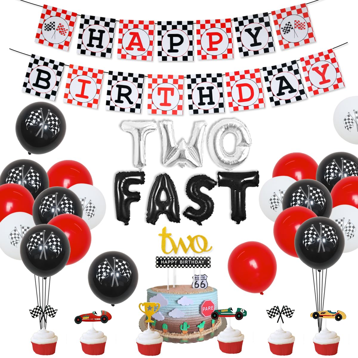 Cars 2nd Birthday Party Decorations Two Fast Racing Car Birthday Party Supplies Monster Truck Balloons Happy Birthday Banner Cake Topper
