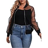 OYOANGLE Women's Plus Size See Through Long Sleeve Coats Lightweight Zip Up Sheer Mesh Jacket Outwear
