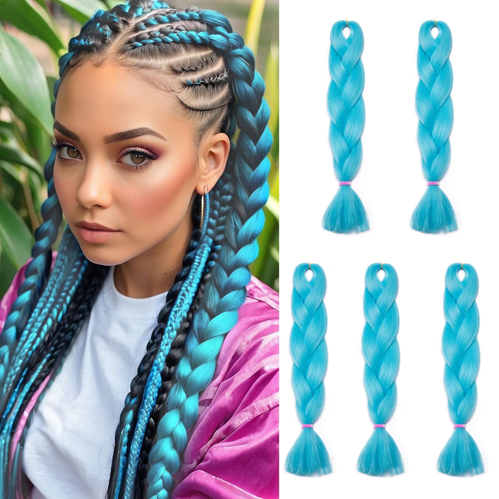 24inch 5PCS Braiding Hair Extensions Jambo Braids Ombre Hair Crochet Twist Braids Hairpieces Synthetic - Light Blue
