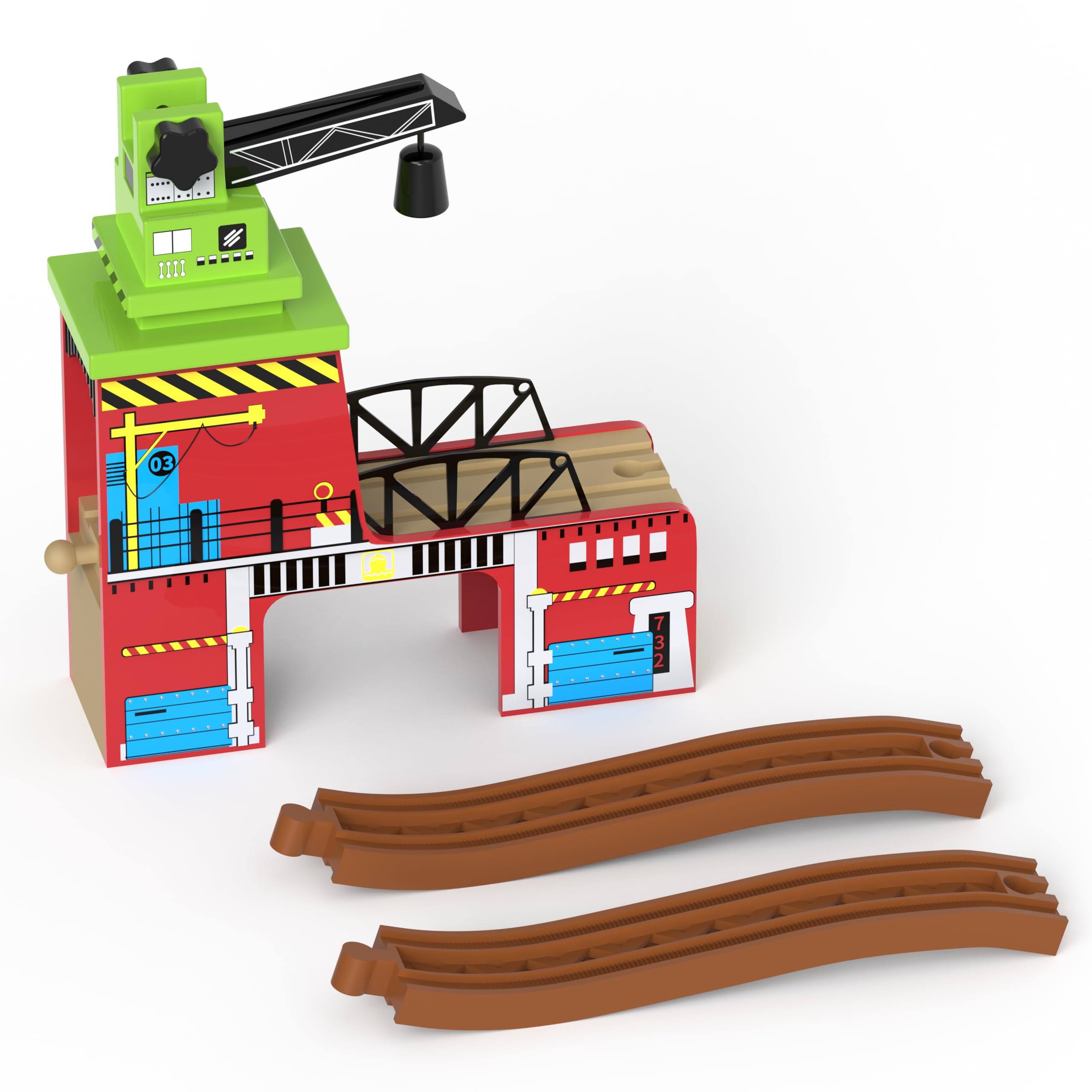 Toy Train Accessory with Track for Kids Age 3 and Up, Wooden Train Track Accessories Crane Bridge Compatible with Thomas, Brio, Chuggington, Melissa and Doug and All Major Brand Railway Track