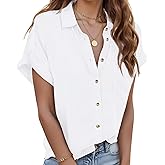 Zeagoo Linen Shirts for Women Cotton Short Sleeve V Neck Collared Button Down Blouses Tops S-3XL
