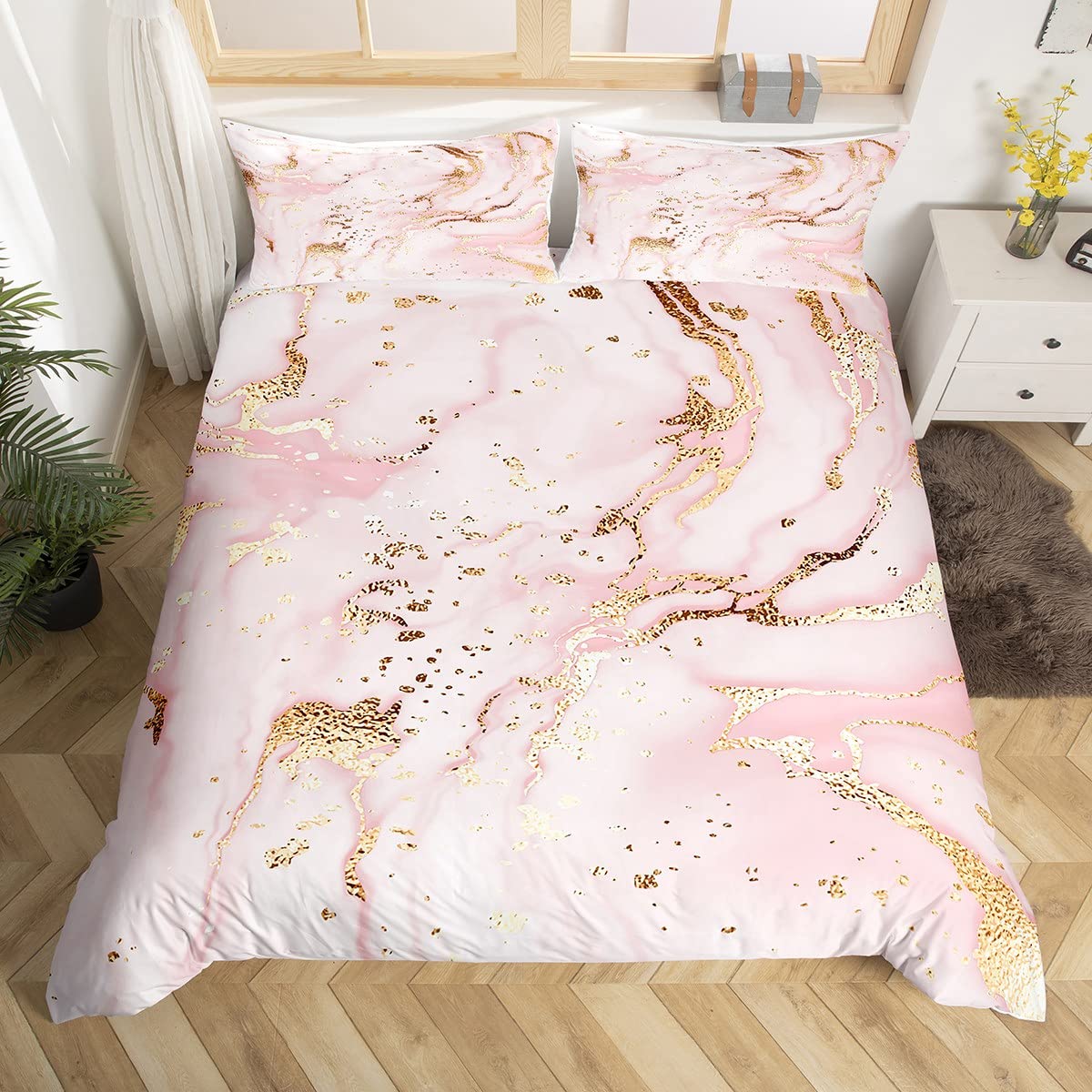 Manfei Pink Marble Duvet Cover Set Double Size, Abstract Stone Texture Bedding Set 3pcs for Kids Boys Girls Bedroom Decor, Gold Glitter Comforter Cover Soft Polyester Quilt Cover with 2 Pillowcases — image 1
