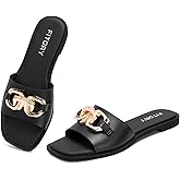 FITORY Women's Flat Sandals Fashion Slides With Soft Leather Slippers for Summer Size 6-11