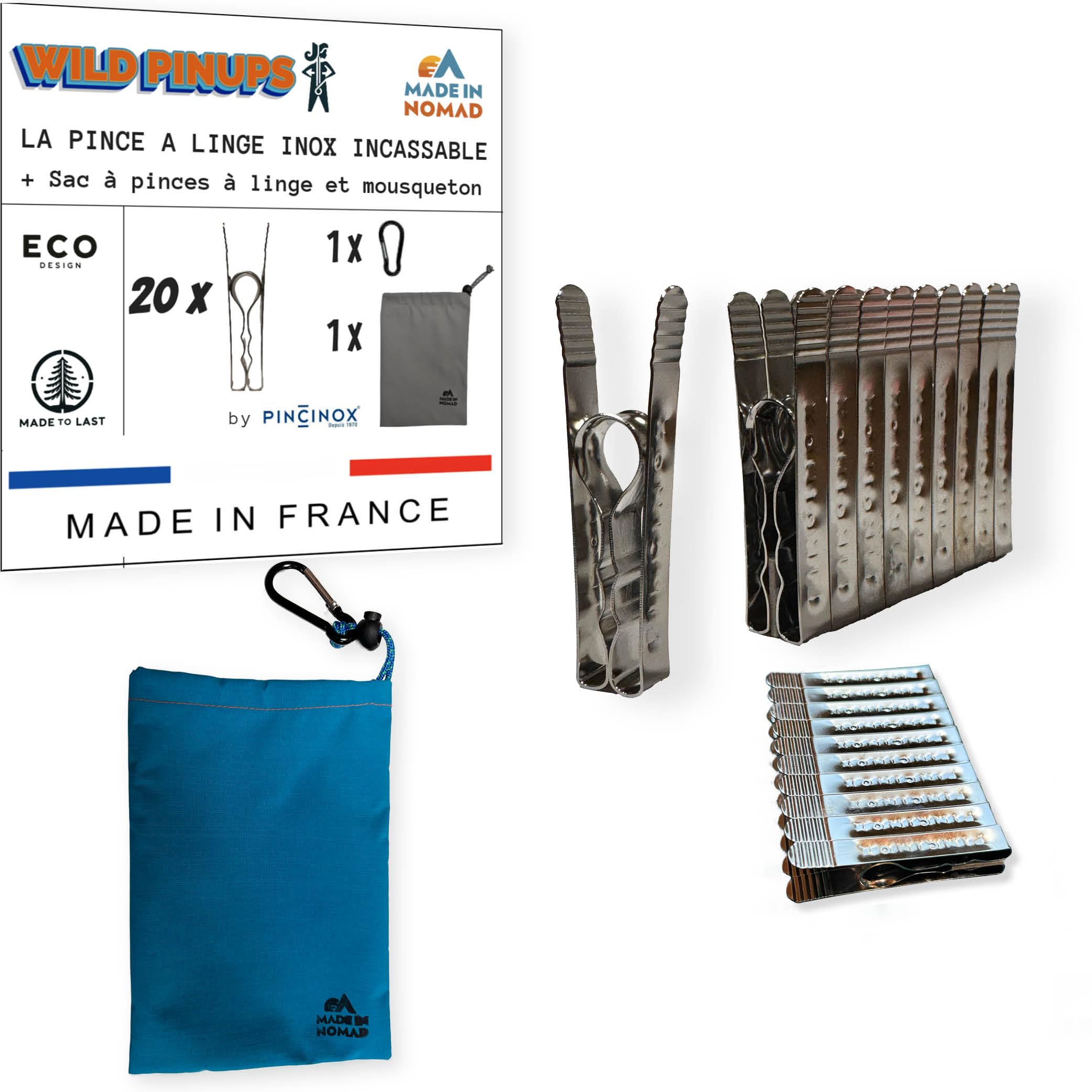 Wild Pinups: Pincinox 20 Unbreakable Stainless Steel Clothes Pegs with Basket and Carabiner for Laundry Rooms, Laundry Lines, Clothes Dryers, Solid Clothes Pins, Durable for Life, Made in France