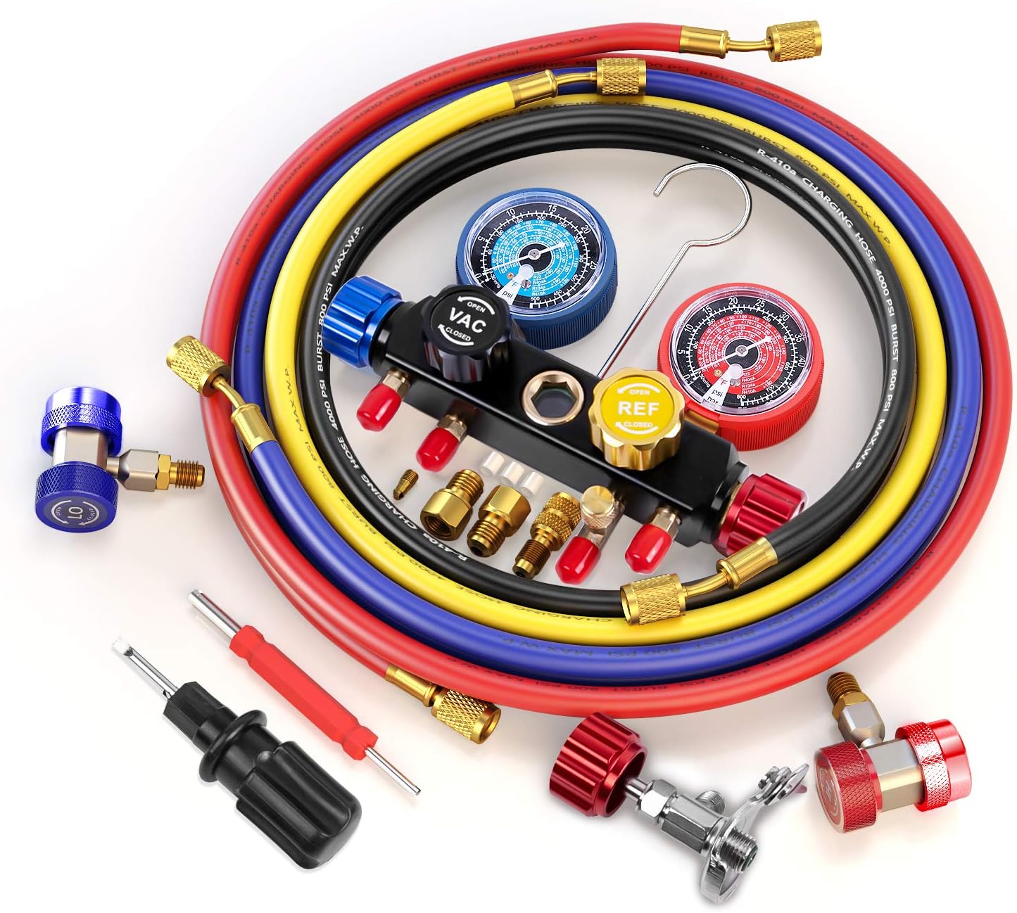 AURELIO TECH 2020 UPGRATE Version 4 Way A/C Manifold Gauge Set Fits R134A R410A R404A R22 Refrigerants with 5FT Hose, 3 Acme Tank Adapters, Adjustable Couplers and Can Tap: Automotive