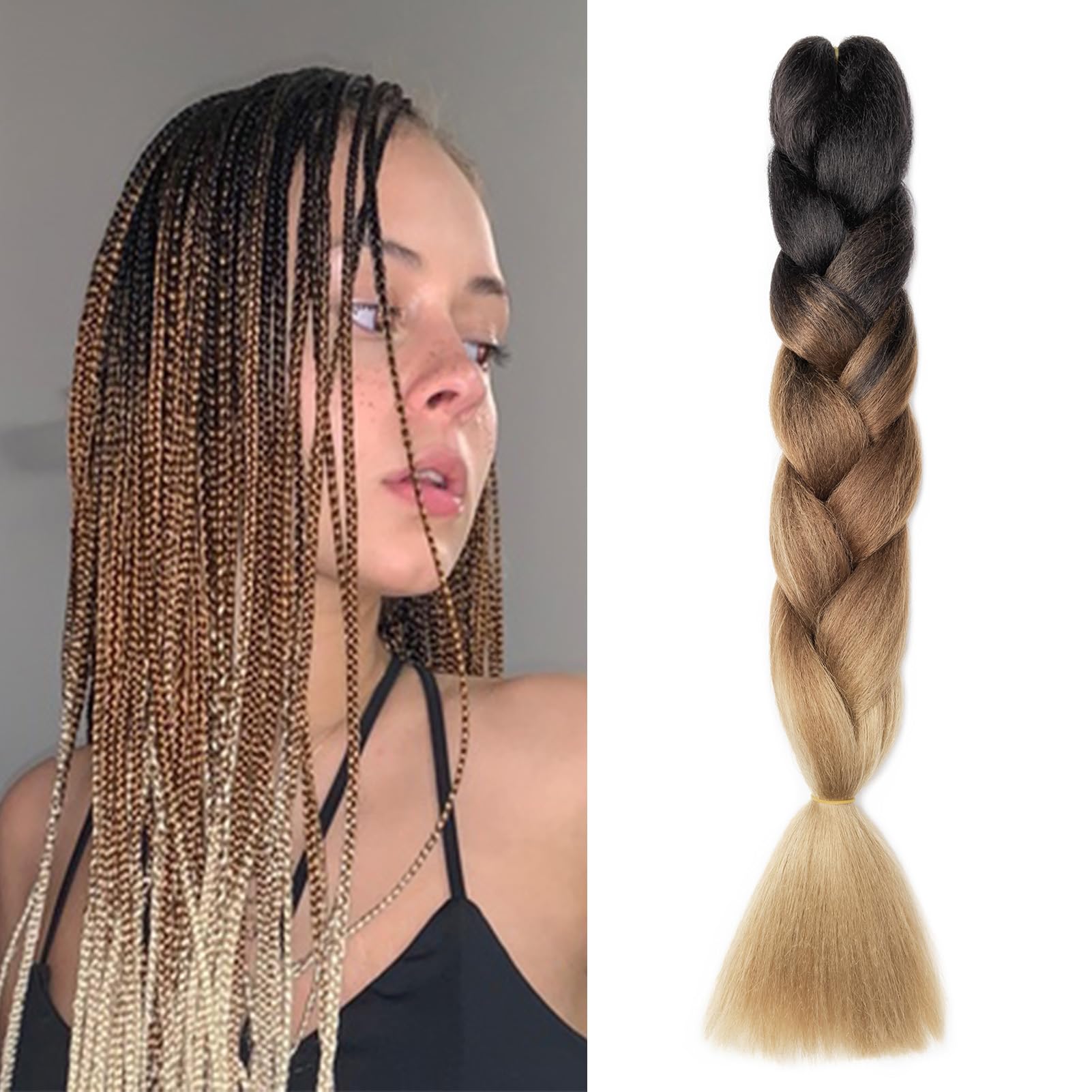 Dcbaboo Hair Extensions for Braiding Jumbo Braiding Hair Extension 1pack 24inch Synthetic Hair Kanekalon Ombre Braids Extensions Hair Afro Crochet Twist Box Braids 100g, Black-Dark Brown-Light Brown — image 1
