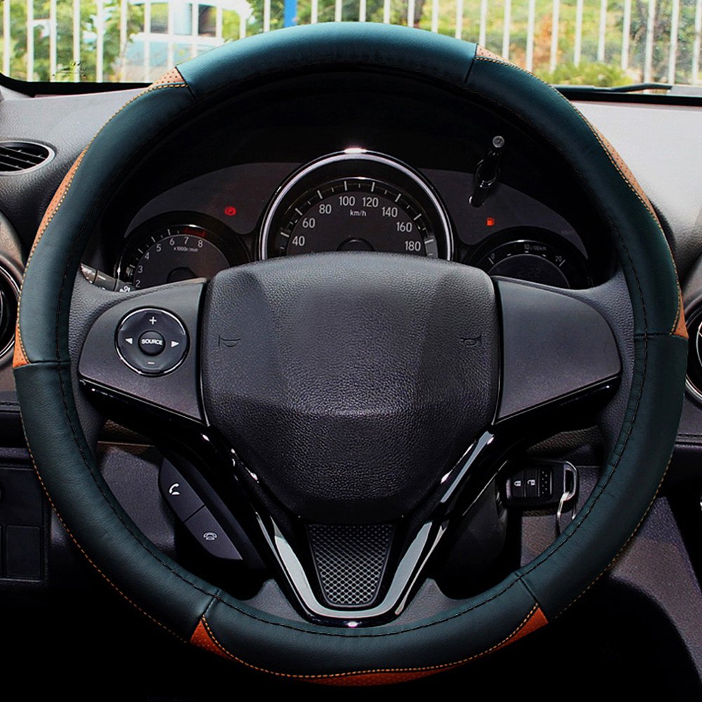LOCEN Genuine Leather Car Steering Wheel Cover - A STYLE - Black with Brown (Outer Diameter 35CM-36CM)