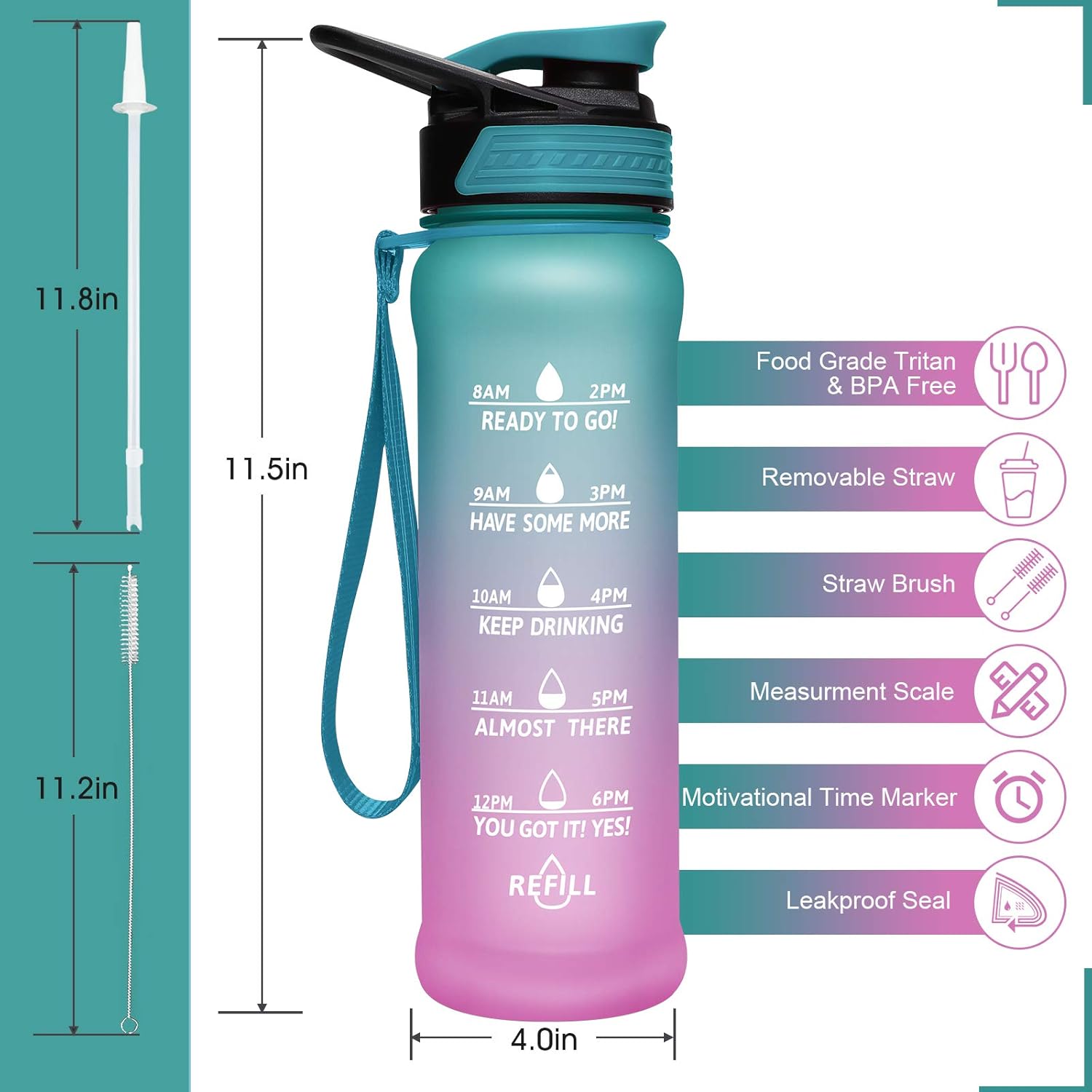 PASER 24oz Water Bottles with Times to Drink, Leakproof TRITAN & BPA Free Drinking Water Bottle with Removable Straw to Provide Adequate Water for Your Body (with Gift Box, Straw Brush) : Sports & Outdoors