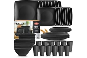Teivio 48-piece Kitchen Plastic Wheat Straw Square Dinnerware Set for 12, Unbreakable Dinner Plates, Salad Plates, Snack Bowl