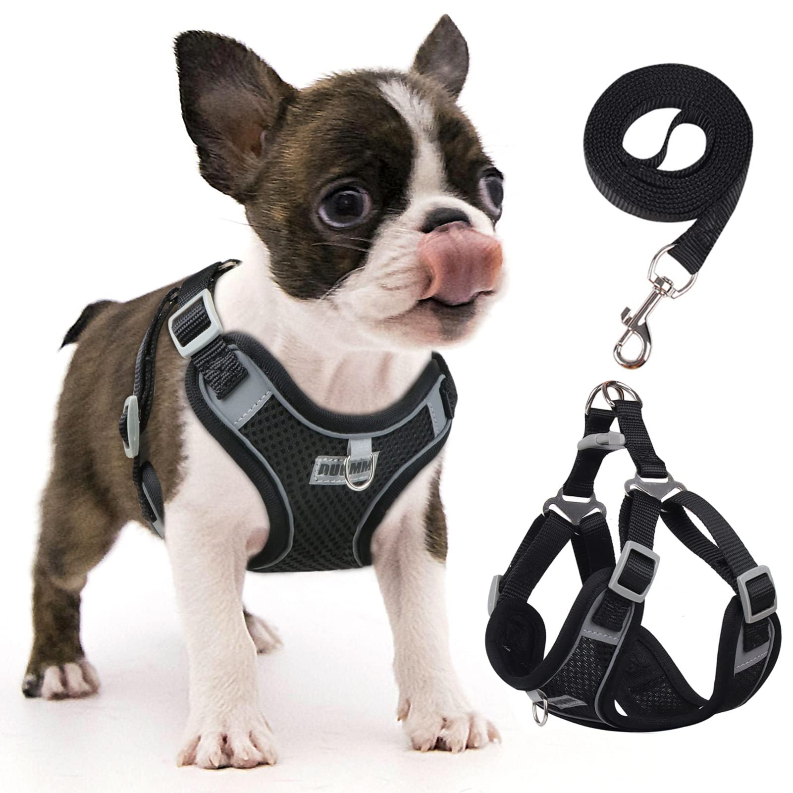 rennaio Dog Harness No Pull, Adjustable Puppy Harness with 2 Lead Clips, Ultra Breathable Padded Dog Vest Harness, Reflective Dog Harness and Lead Set for Small and Medium Dogs (Black, S)