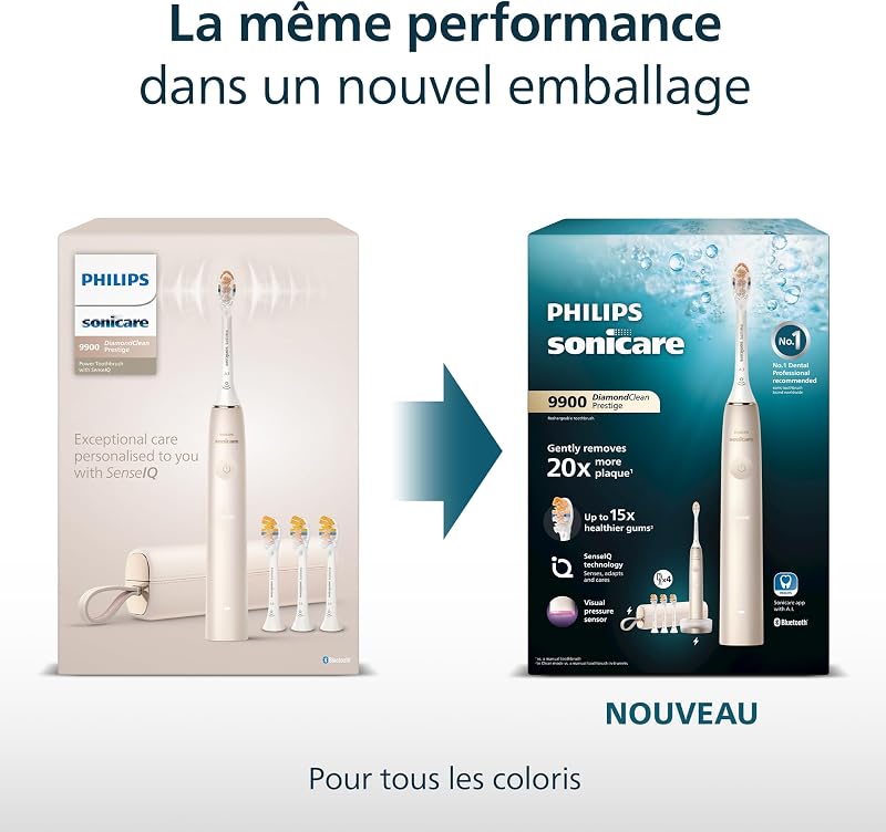 Sonicare - Brosse à dents électrique DiamondClean 9900 Prestige avec technologie SenseIQ et application, 5 modes de brossage, étui de voyage avec chargeur, noir, modèle HX9992/43