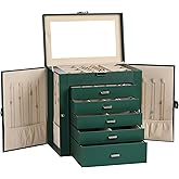 Frebeauty Large Jewelry Box,6-Tier PU Leather Jewelry Organizer,Multi-functional Storage Case with Mirror,Accessories Holder with 5 Drawers for Necklace Bracelets Watches(Blackish Green)