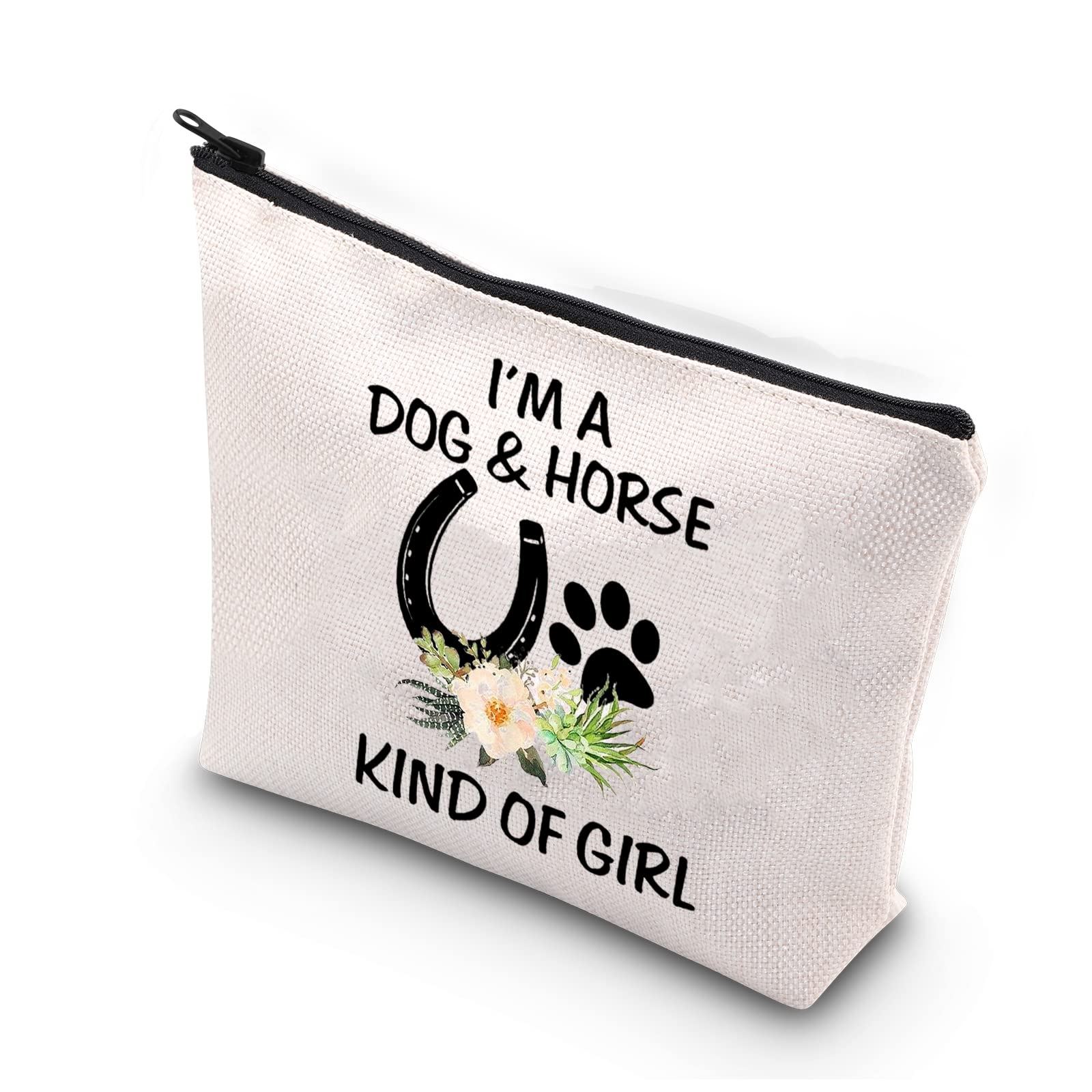 PLITI Dog Lover Gifts Horse Makeup Bags for Women Teen Girls I'm a Dog and Horse Kind of Girl Paw Print Horseshoe Gift(Dog Horse Girl U)