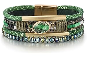 Edoneery Leather Wrap Bracelet for Women, Boho Handmade Multi-Layer Cuff with Crystal Beads Heart, Stackable Bangle Western Jewelry Gift