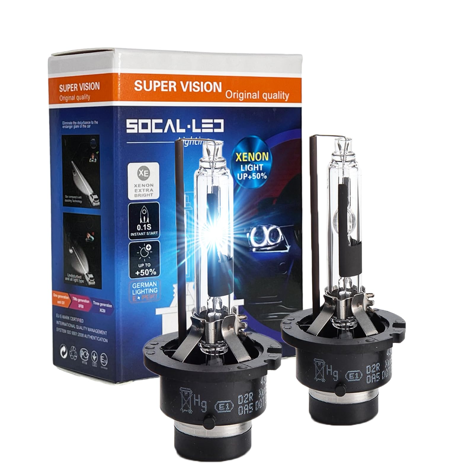 Photo 1 of SOCAL-LED LIGHTING D2R 35W Xenon HID Headlight Bulbs - 6000K Crystal White - 85126UB 66250 85126WX OEM High Low Beam Direct Replacement - Pack of 2