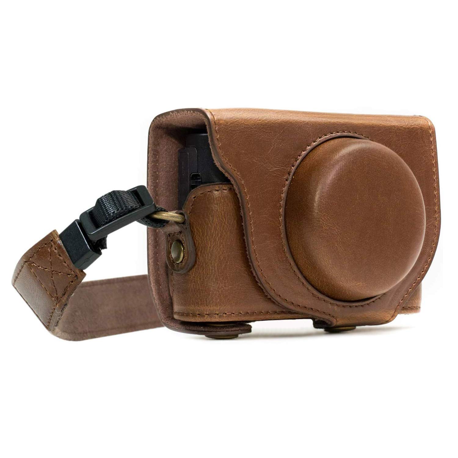 MegaGear MG589 Sony Cyber-shot DSC-RX100 VI, DSC-RX100 V, DSC-RX100 IV Ever Ready Leather Camera Case with Strap - Dark Brown