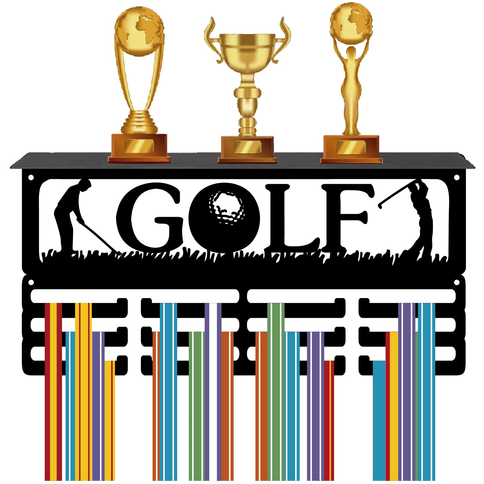 CREATCABIN Golf Medal Hanger Display Trophy Shelf Medal Holder with Shelf Stand Sports 4 Rows Metal Hanging Wall Mount Frame Hold 70+ Medals for Dance Competition Ribbon Medals Rack 15.7x7.9Inch