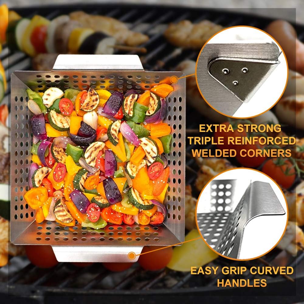 HomeMall Grill Basket for Vegetables & Meat - Large BBQ Grilling Basket - Stainless Steel Barbecue Grilling Accessories for Veggies, Kabobs, Seafood - Bonus Basting Brush : Garden & Outdoor