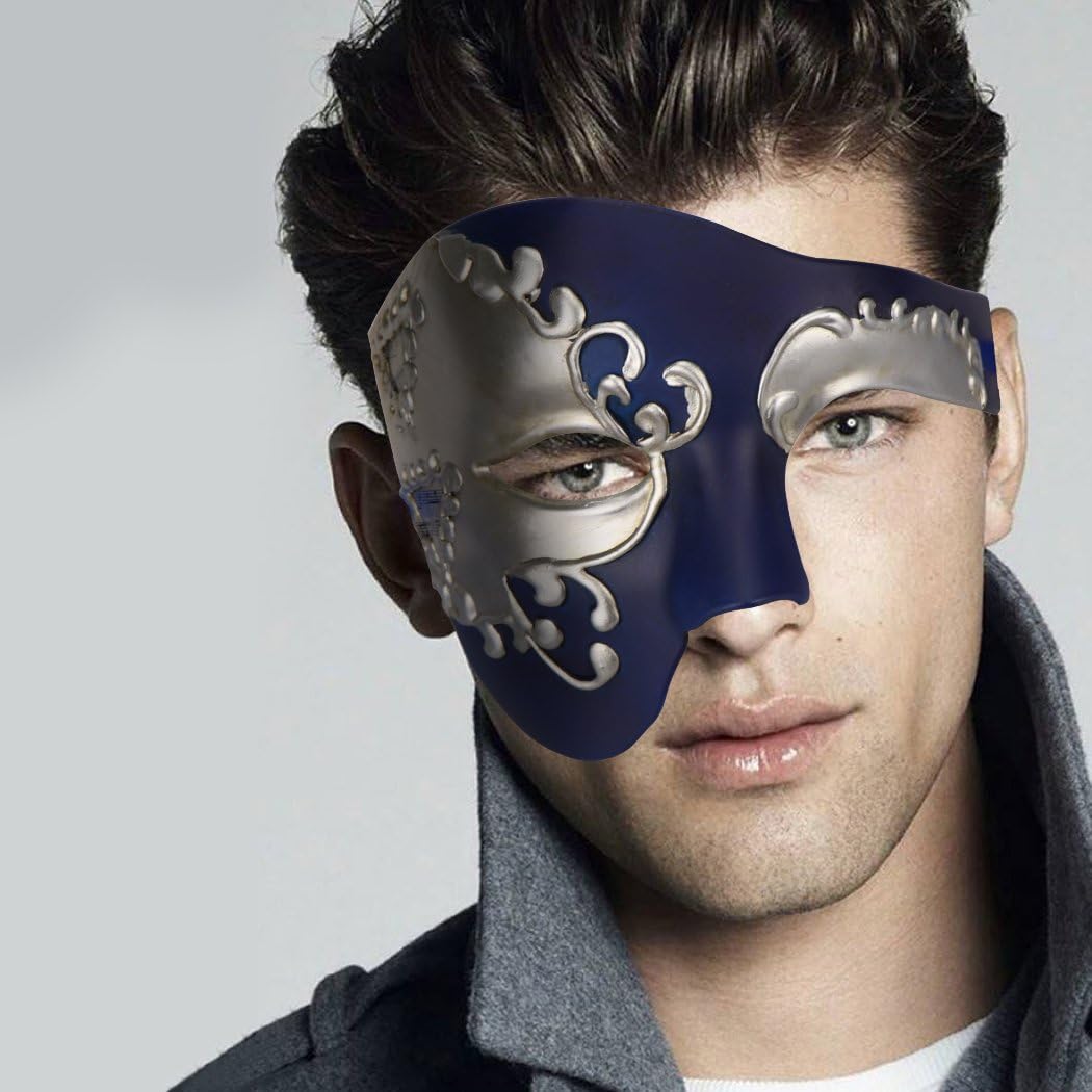 Thmyo Vintage Design Half Face Men's Phantom Of The Opera Venetian Carnival Masquerade Mask (Blue & silver) - Image 3
