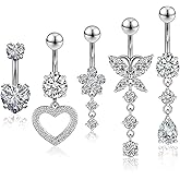 JESMODA 5pcs Belly Button Ring 14G 1.6MM Dangle Navel Belly Piercing Jewelry Cute CZ Heart Butterfly Flower Navel Belly Rings Silver Stainless Steel Belly Piercing for Women