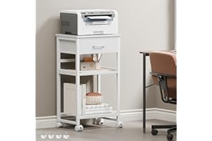 Korfile Printer Stand with Storage, Small Rolling Printer Table for Home Office, 3-Tier Printer Cart with Wheels, Modern Industrial Nightstand with Drawer, Side Table for Living Room,Bedroom, White
