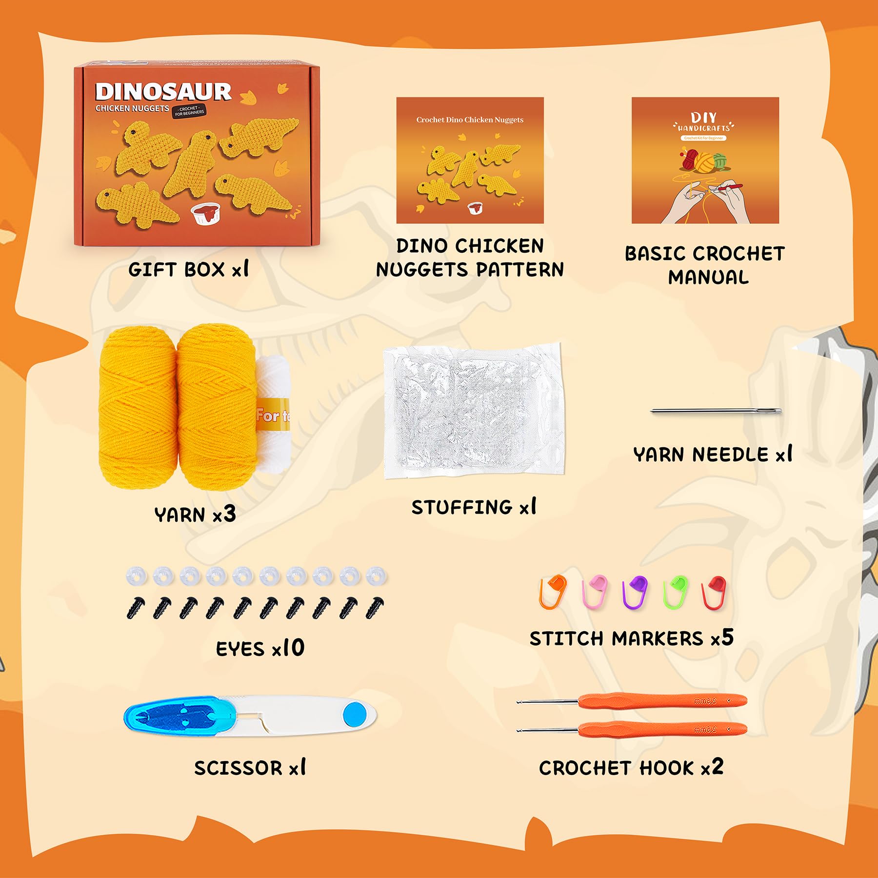 Crochet Kit for Beginners - 5 PCS Dinosaur Chicken Nuggets Set With Step-by-Step Video Tutorials for Adults Kids