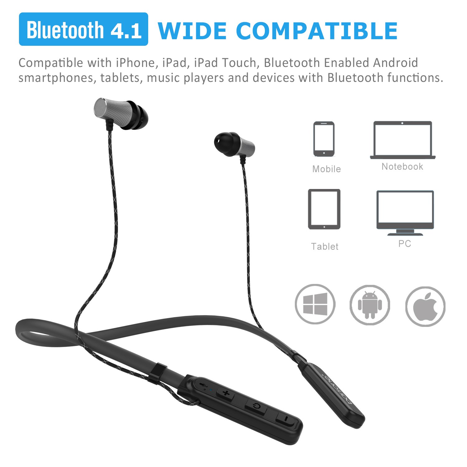 Barsone Neck Band Wireless Bluetooth Headset, Bluetooth 4.1 Headphones Stereo Magnetic Attraction Earbuds Sweat-Proof Sports In Ear Headphones with Microphone for iPhone,Samsung HTC and Most Other Bluetooth Bluetooth Devices (Gray)