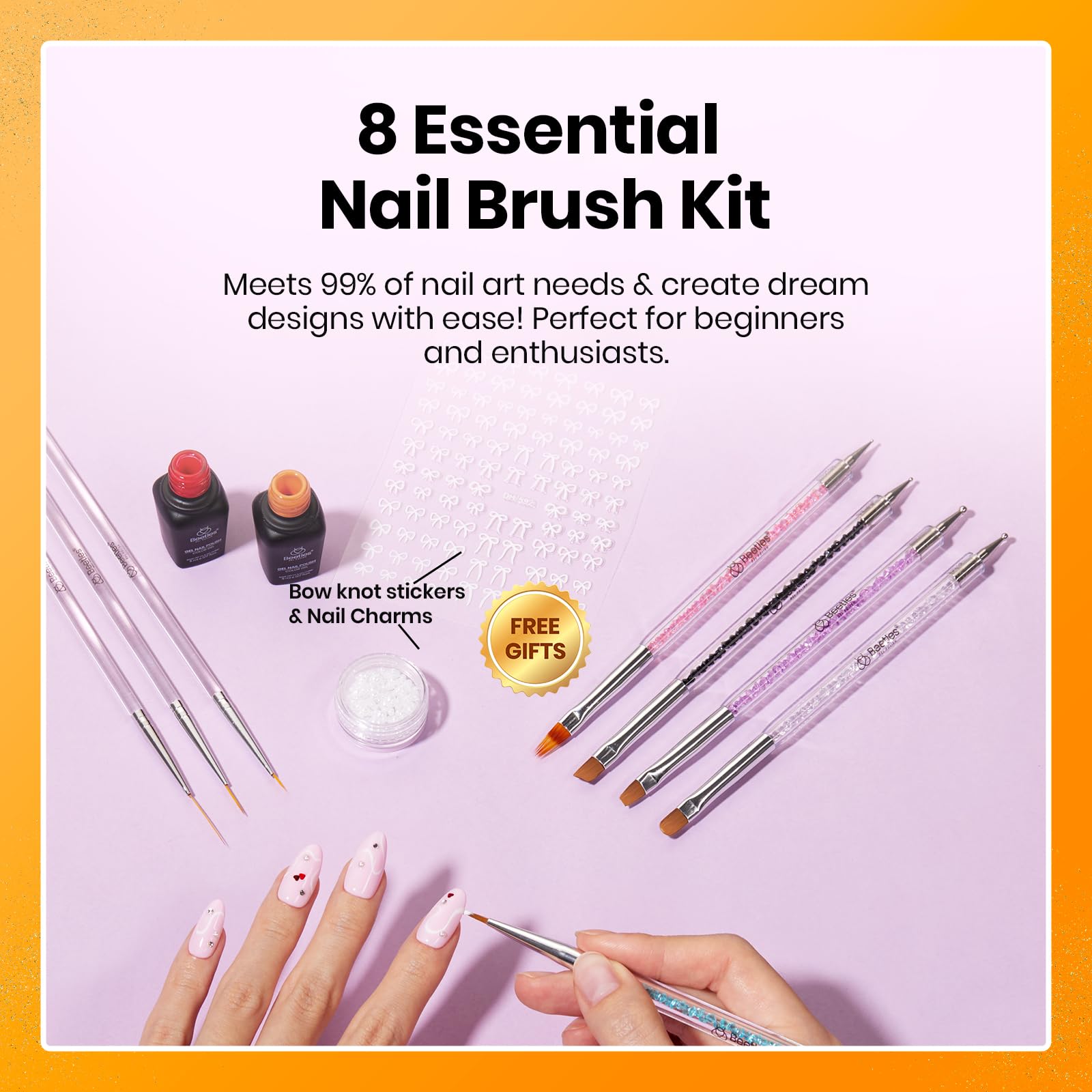 Beetles Nail Art Brushes, 8pcs Double-headed Nail Art Tool Set, Nail Dotting Tools, Striping Nail Art Brushes for Lines, Nail Drawing Pen with Bow knot Stickers Gift for Women