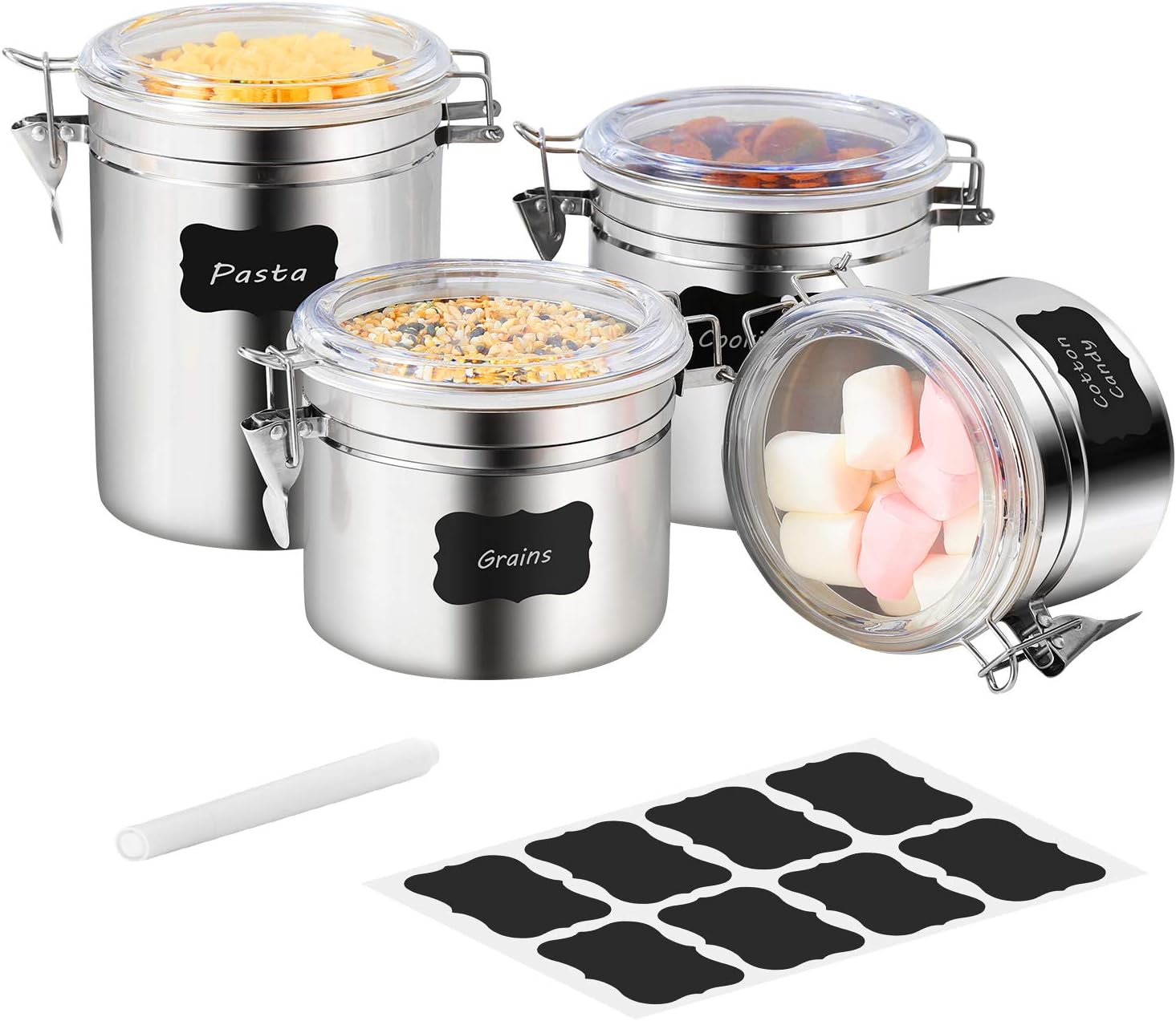 Stainless Steel Airtight Canister Set - Farochy 4-Piece Food Storage Containers for Kitchen Counter Coffee Tea Nuts, Sugar Flour Canister with Clear Acrylic Lid n Locking Clamp and Labels & Chalk