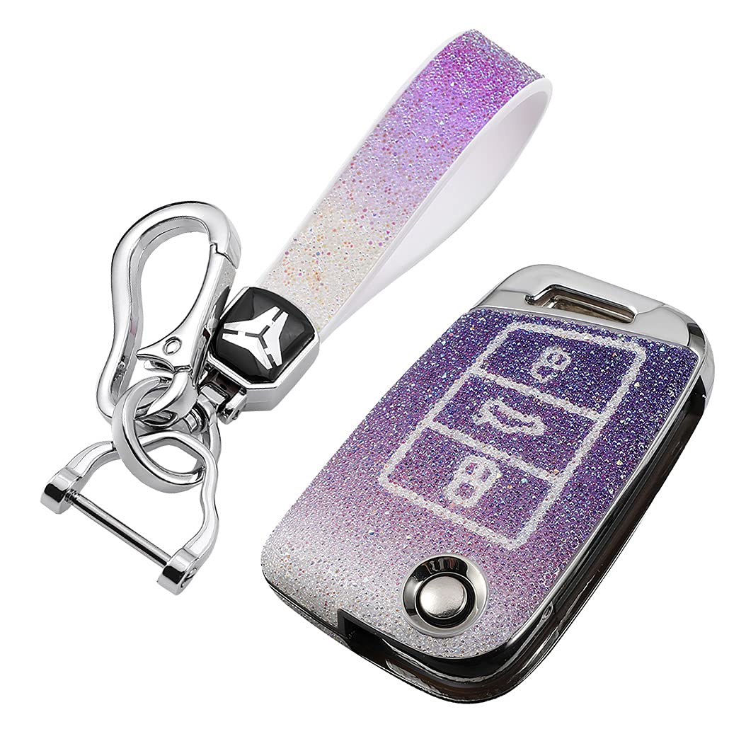 HIBEYO Bling Car Key Case Suitable for VW Protective Car Key Cover for Golf 7 MK7 Passat Skoda Superb Kodiaq Fabia Octavia Seat Leon Ateca Remote Key Box PC + Rhinestone Purple