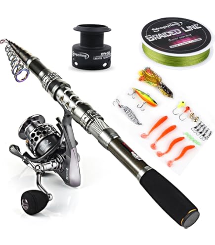Fishing Rod and Reel Combo Kit—Telescopic Fishing Rod, Collapsible Fishing Rod, Portable Fishing Set w/Tackle Box, Lures & Bag, 4.2oz Carbon Fiber, 5.2:1 Anti-Twist Reel, Freshwater/Light Saltwater : Sports &