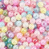 PONABEADIY 1 Box 300PCS 10MM Transparent Acrylic Crackle Round Beads with Holes Mixed Color Assorted Clear Spacer Loose Bead Charms Bulk for Jewelry Making Christmas Necklaces DIY Crafts Supplies